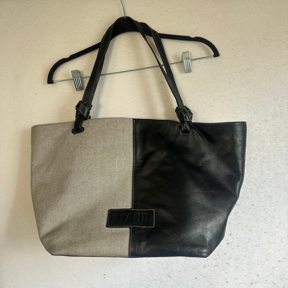 STAUD Black Leather and Canvas Split Panel Tote Bag Shoulder Bag White Stitching